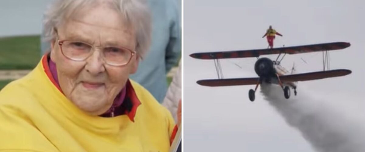 Helga Duffy establece un inesperado récord mundial al viajar sobre el ala de un avión en pleno vuelo a los 99 años.